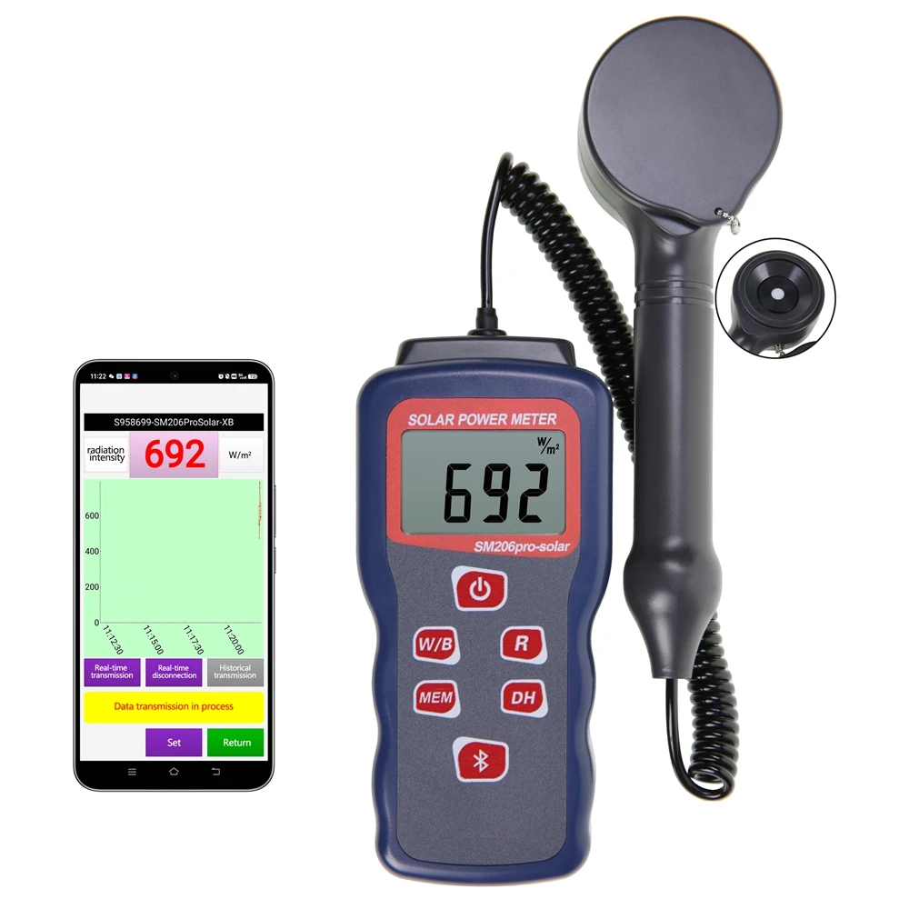 Bluetooth Solar Power Meter 0.1W/m²~3500W/m² Split Type Dual Unit W/m² BTU High Range Visible Light Solar Radiation Power Meter