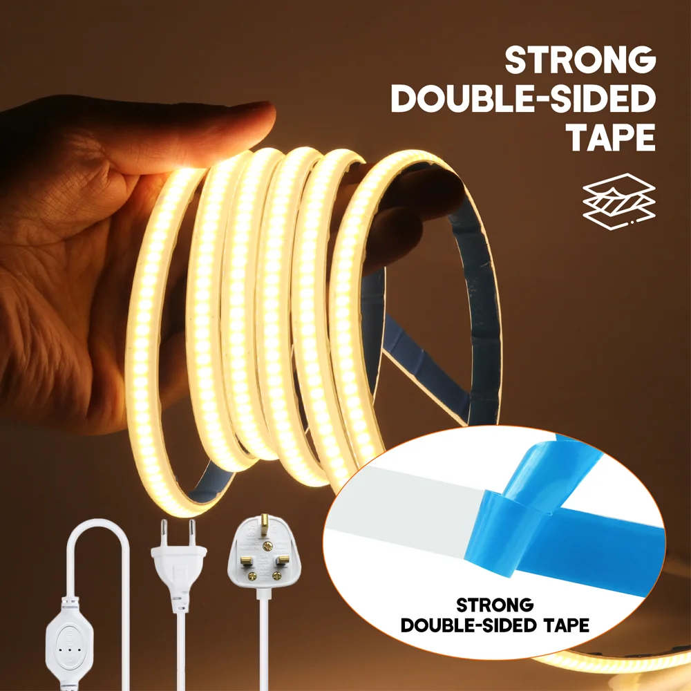 

COB LED Strip 220V 288Leds/M Waterproof LED Tape RA 90 High Bright 3000K 4000K 6000K Flexible Ribbon FOB Light EU UK Power Plug