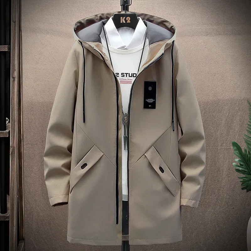 2023 Autumn New Men's Hooded Jacket Solid Color Zip-up Medium-length Casual Trench Coat Windbreaker Stock Available