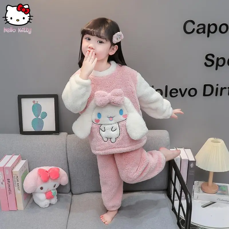 

Cinnamoroll Sanrio, одежда для сна с героями мультфильмов, домашняя одежда, детский пижамный комплект для девочек, коралловый бархат, осень-зима, милый стиль принцессы Kawaii