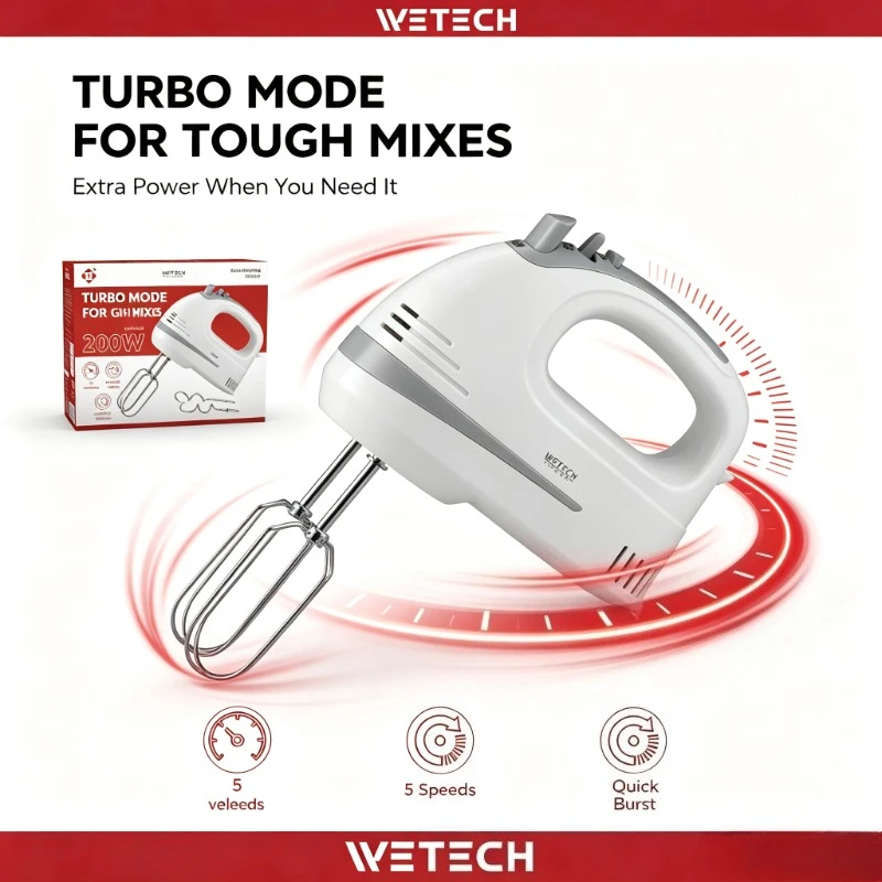 WETECH W6315 Mixer Elettrico a Mano 200W, 5 Velocità, Funzione Turbo, Frusta in Acciaio Inox, Ganci per Impastare, AC 220-240V, Sbattitore per Uova e