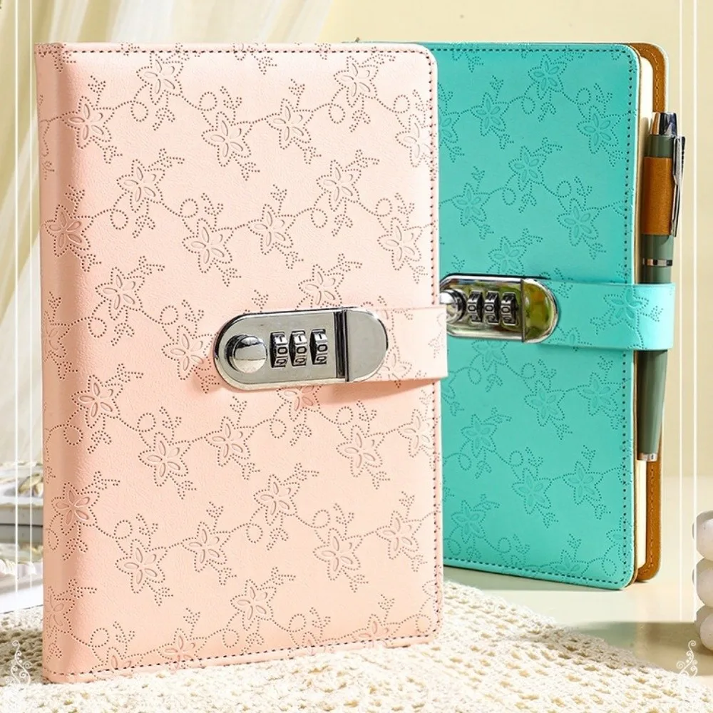 A5 Retro Password Book with Lock Thickened 200 Pages Embossed Student Notepad Protecting Secrets PU Leather Diary Notebook Gifts