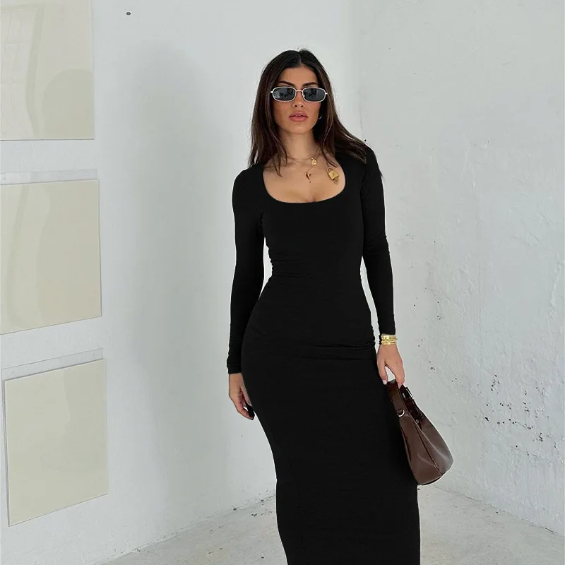 European and American Autumn New Elegant Commuter Slim Fit Foundation Round Neck Tight Waist Long Sleeve dress Women's Clothing