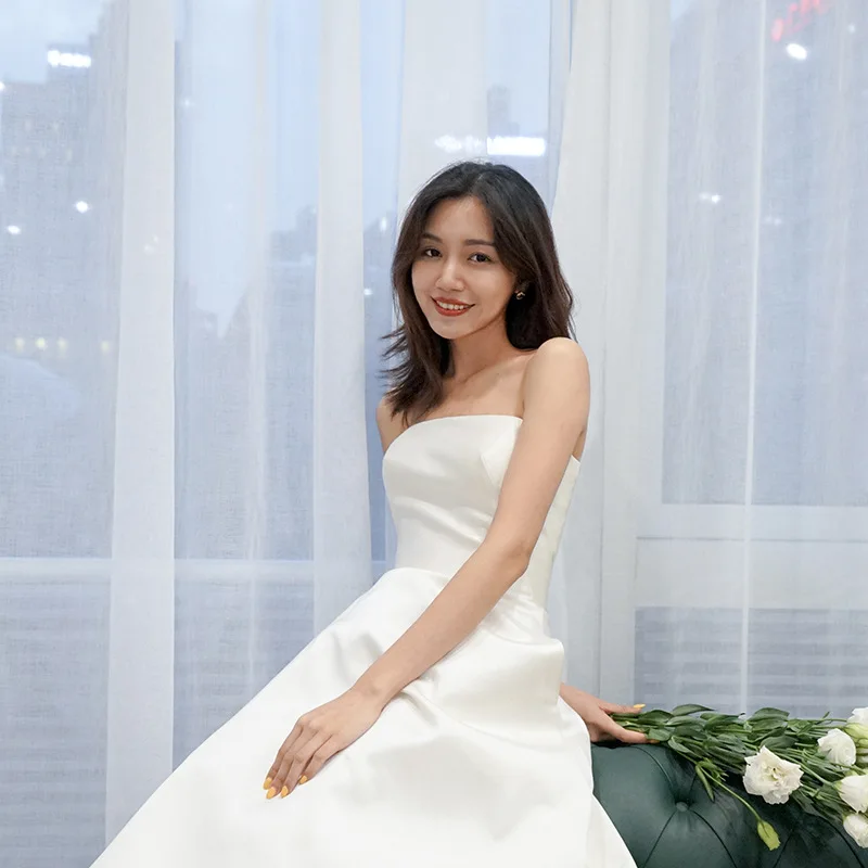 Simple Satin Wedding Dress 2022 Summer New Korean Style Bra High Waist Slim Dream Princess Outdoor Travel Wedding Dress