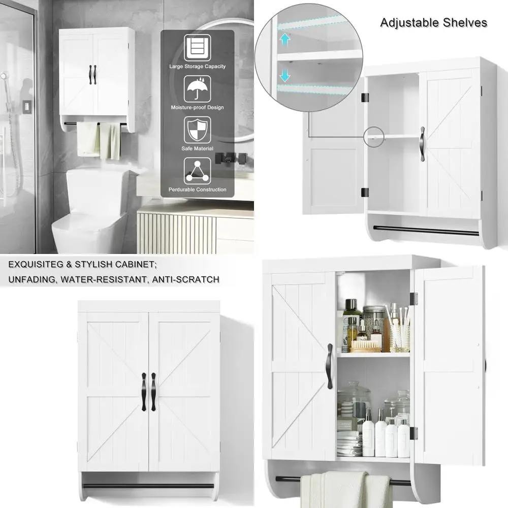 

Over-the-Toilet Storage Cabinet with 2-Doors and Adjustable Shelves, Metal Bar, White