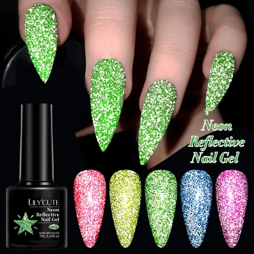 LILYCUTE 7ML neón reflectante brillo Gel esmalte de uñas Soak Off Super brillante champán oro UV Gel polaco para manicura artística de uñas