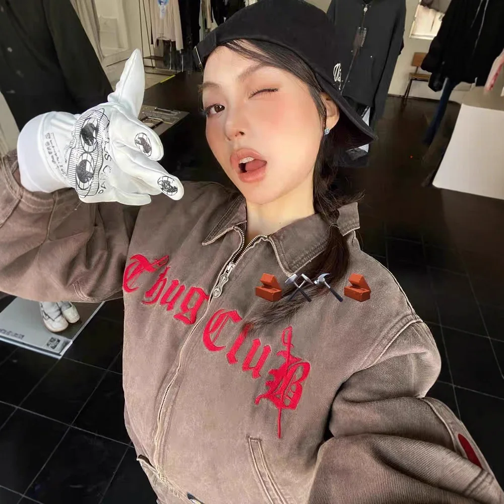 Коллаборация Thug Club, вышивка, деним с эффектом потертости, мужская и женская, осень/зима, короткое широкое пальто с эффектом потертости.