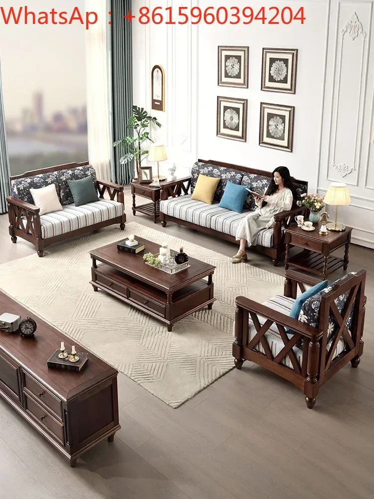 American style solid wood sofa fabric combination Xiaomei style small family living room retro country walnut log furniture