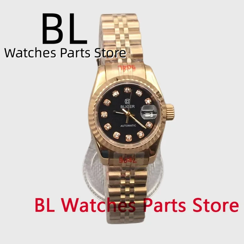 

BLIGER 26mm Mechanical Women's Watch NH05A Movement Rose Gold Case Sapphire Crystal Stainless Steel Fluted Bezel Jubilee Strap