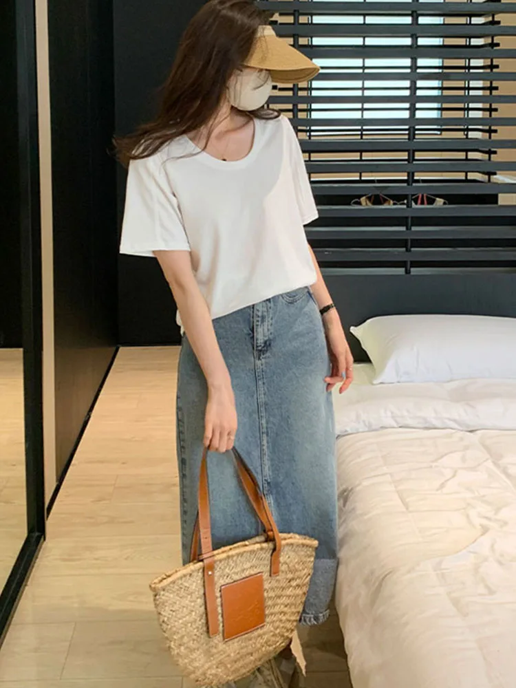 Summer New Solid Color Slim Women's T-shirt I Casual T-shirt Woman Grey Apricot Purple Red White O-Neck Chic Top