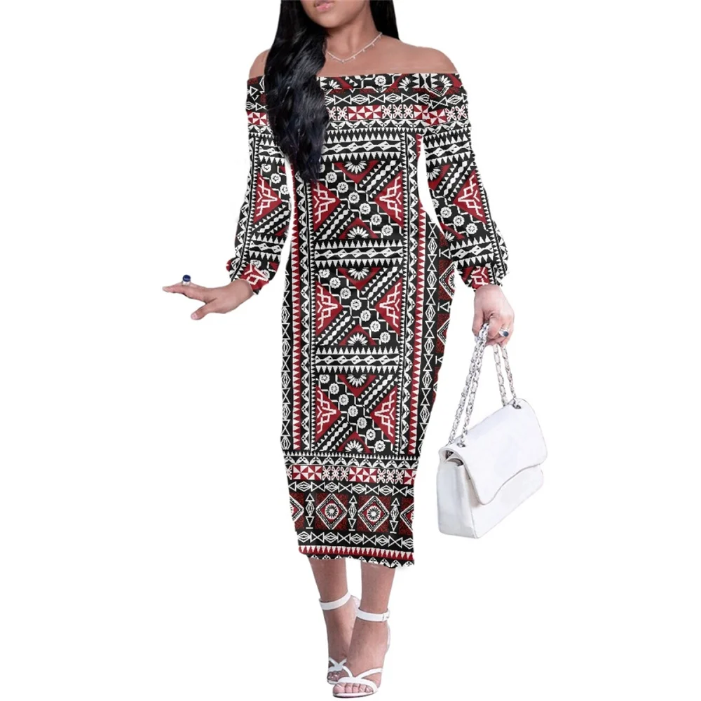 

Autumn Women Evening Party Dresses Tribal Samoa Polynesian Clothing Fiji Masi Tapa Print Laides Bodycon Off Shoulder Dress 4XL