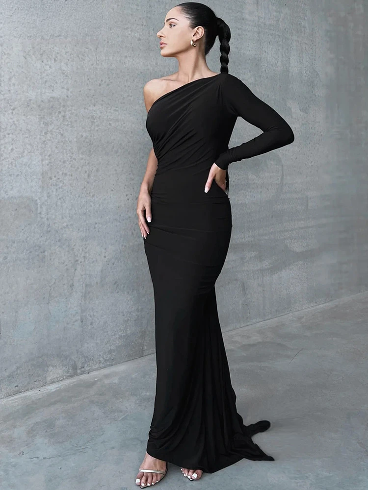 Women Elegant One Shoulder Long Sleeve Backless Ruched Sexy Maxi Prom Dress 2023 Fall Slim Wedding Party Clothes