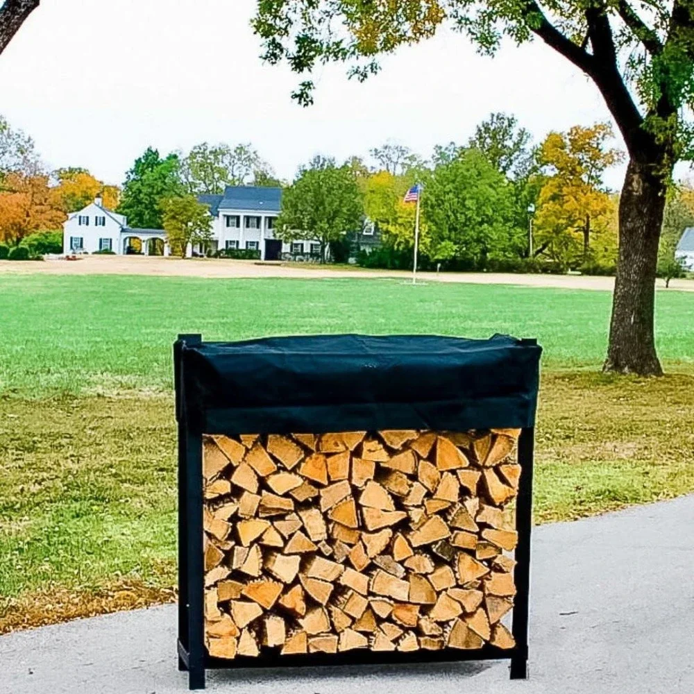 

Black 4 Foot - Heavy Duty Made In USA - Indoor Outdoor - 1/4 Cord Firewood Storage Log Rack With Seasoning Cover Combo Set