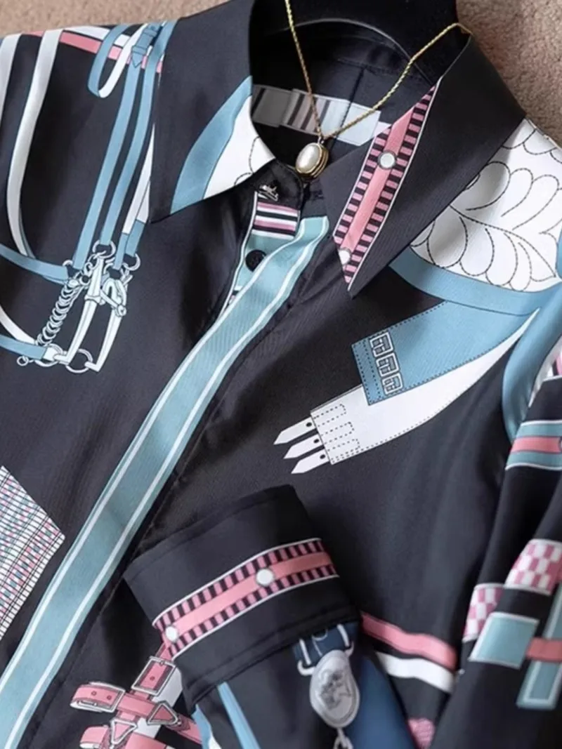 Vintage Damen Blusen Bedruckte Freizeithemden Mode Lose Sommer Koreanische Kleidung Langärmelige Satin Damen Tops