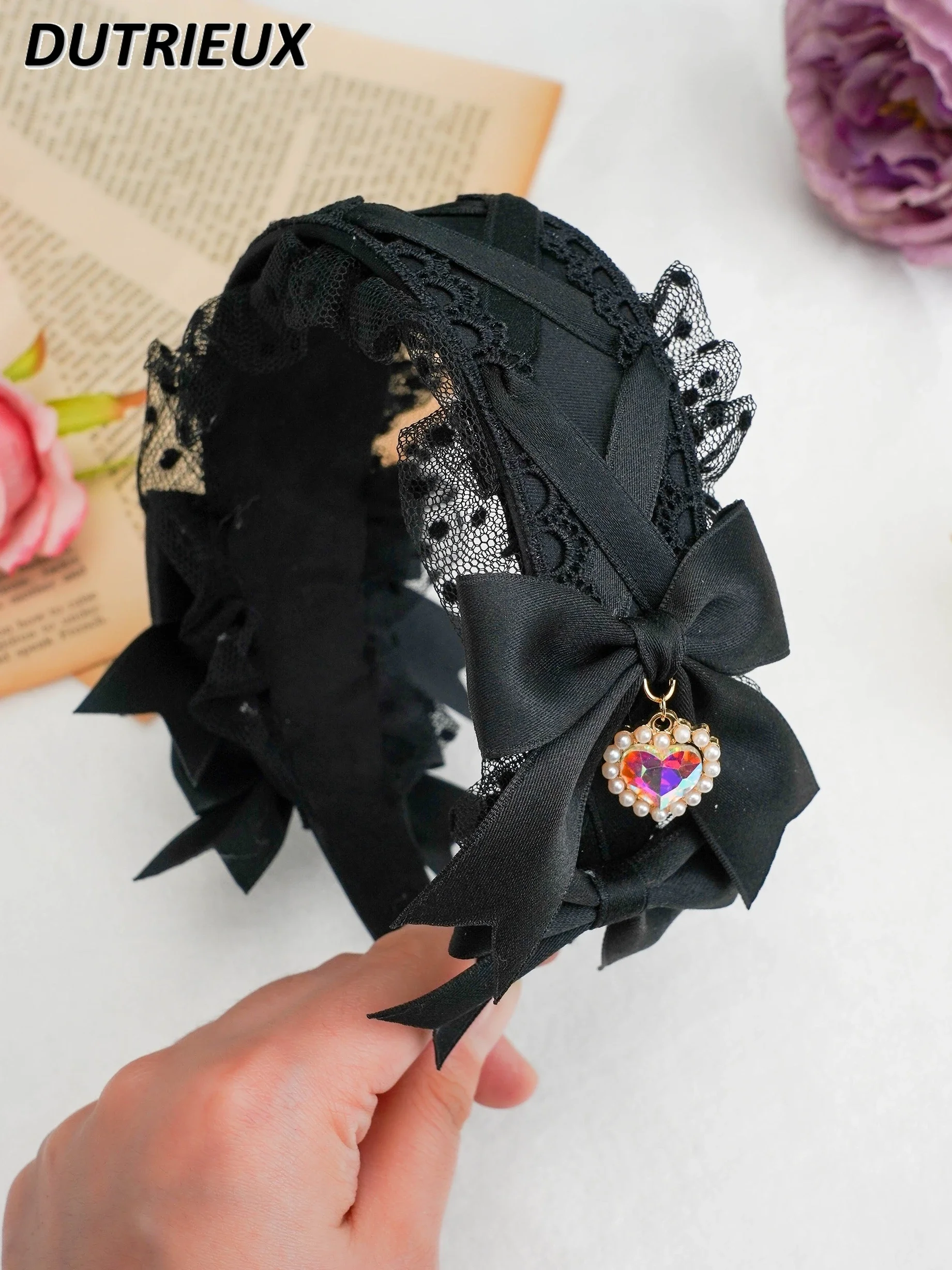 Sweet Girl Hair Accessories Black Lolita Lace Cross Tie Bow Heart Shape Rhinestone Pendant Mine Tie Mass-Produced Headband