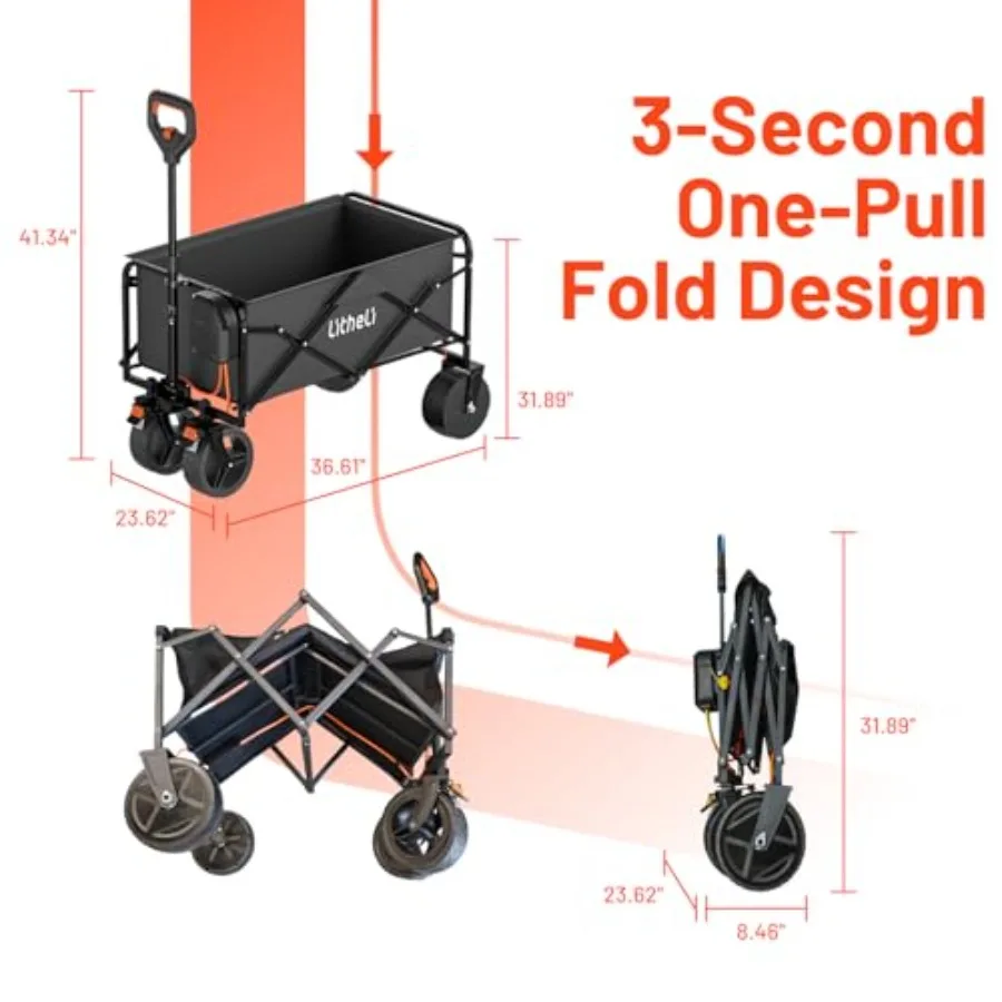 Outdoor lightweight utility cart, polypropylene, black, 100L collapsible folding wagon with wheels for beach, grocery, camping,