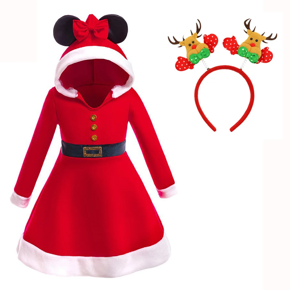 Girls Festive Christmas Santa Claus Cosplay Costume With Elk Hood for Winter Celebrations Performance Costume