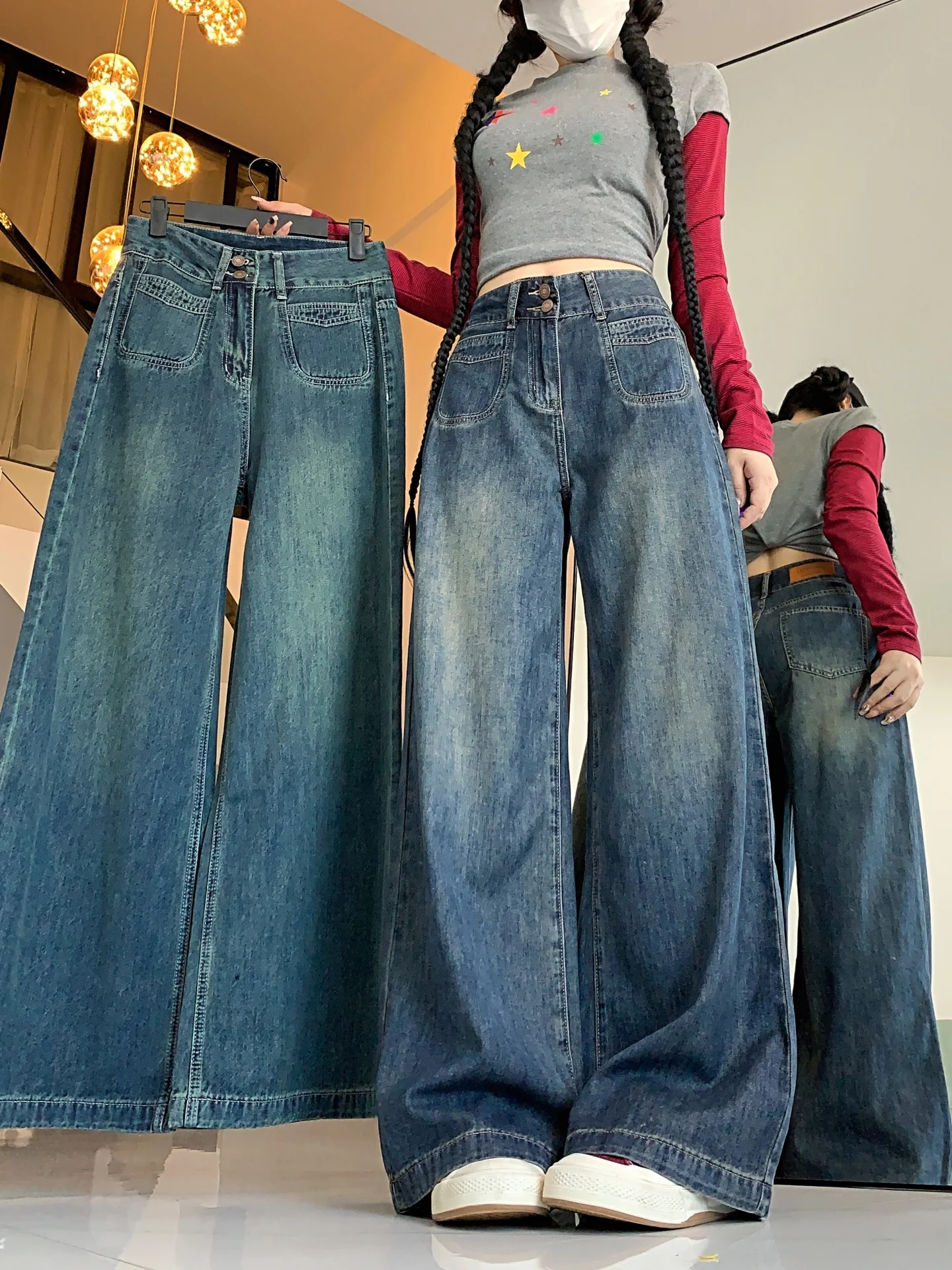 High Waist Wide Leg Denim Jeans Women's Autumn Large Size Loose Straight Cement ey Double Bule Floor-Length Slimming Pants