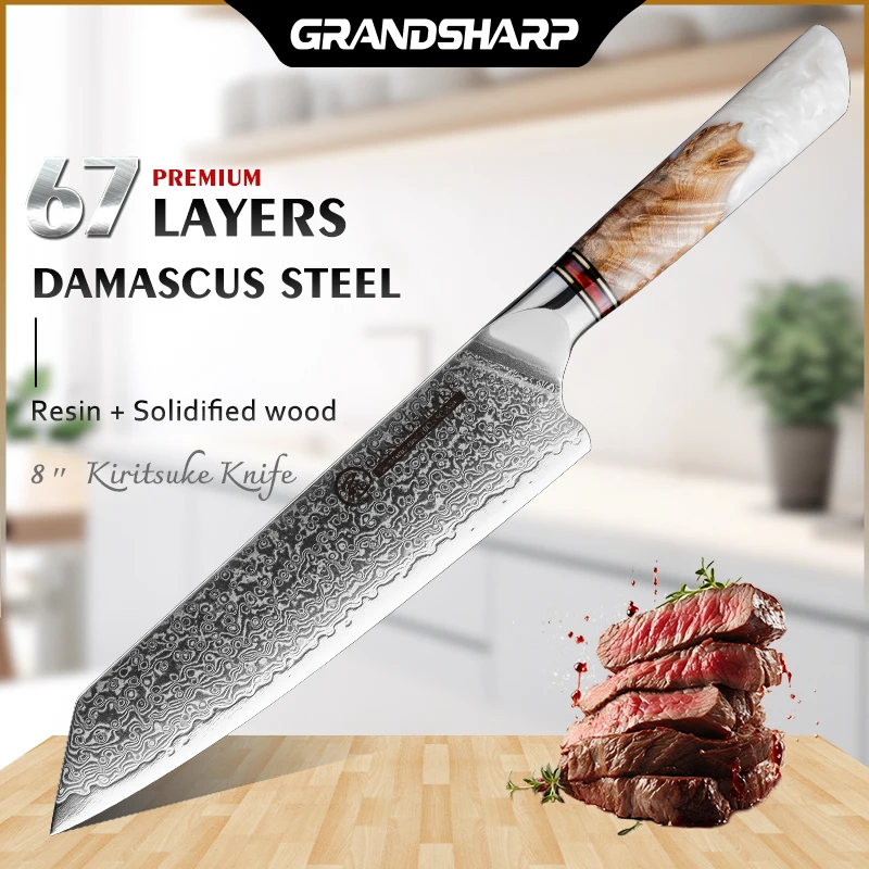 

Grandsharp 8 Inch Kiritsuke Knife 67 Layers Damascus Kitchen Knives 10Cr15C0Mov Steel Vegetable Meat Food Cooking Tools with Box