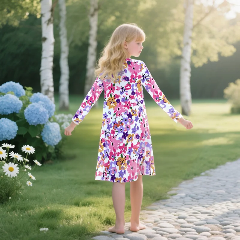 Vibrant Colorful Floral Print Long Sleeve Dress for Girls Cute Casual Kids' Dress Cross-Border Bestseller