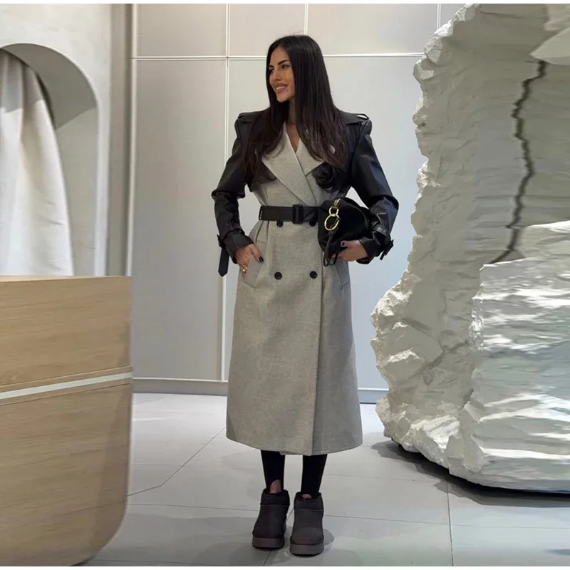 Lange Wollmäntel mit Paneelen und Gürtel, Damen, Streetstyle, Revers, lange Ärmel, Knopfleiste, lockere Jacken, Herbst, schick, neue warme Oberbekleidung – Detail 7