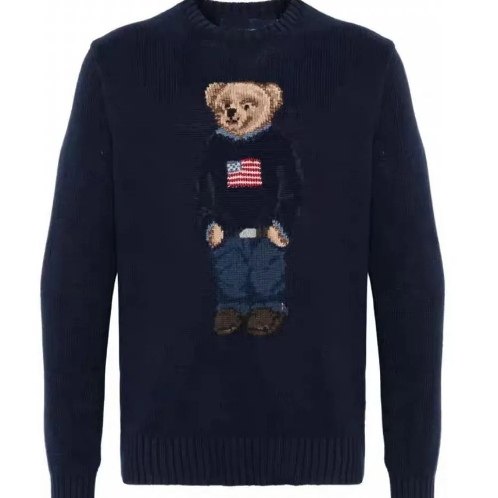 

2025 Autumn Winter Trendy Bear Knitted Thread Men Knitwear US Flag Harajuku Thick Sweater Streetwear Costume Women Sweaters Tops