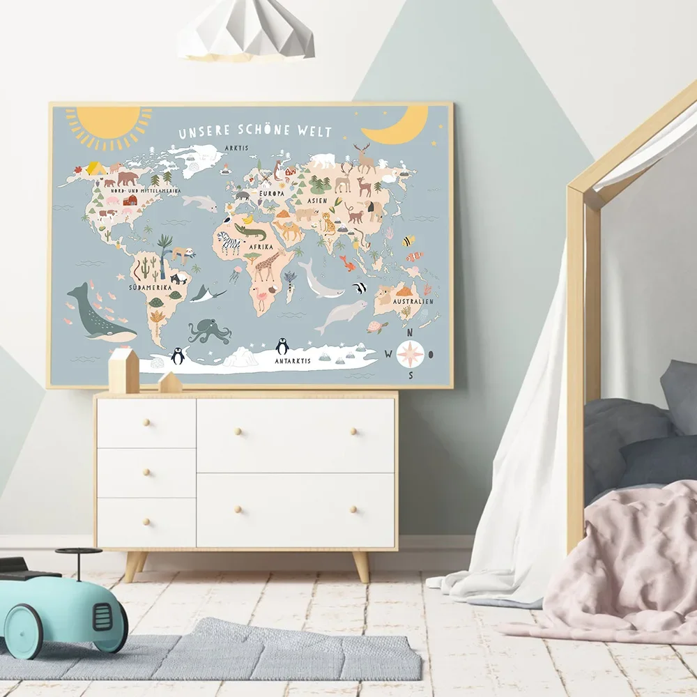 Scandinavian Children\'s Room Wall Art Animal World Map HD Canvas Oil Painting Posters and Prints Home Bedroom Living Room Decor