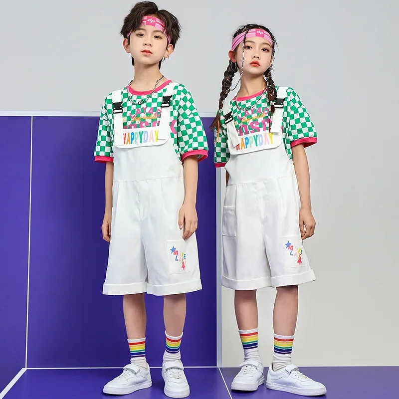 Kids Hip Hop Streetwear Plaid T Shirt White Overall Girls Jazz Dancing Costume Children Cheerleading Show Clothes 6 8 10 12 14Y