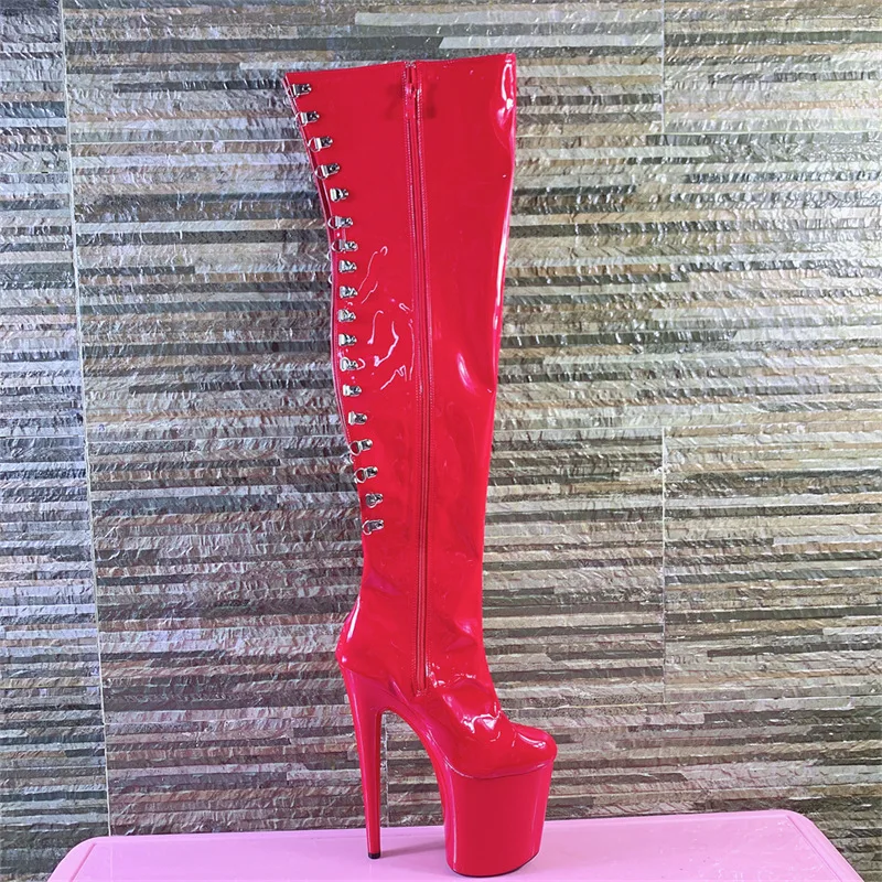 20 CM High Stripper Heeled Patent Leather Lace Up Thick Platform 8 Inches Over The Knee Women Boots Nightclub Pole Dancing Shoes