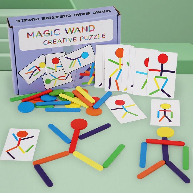 Montessori Fine Motor Training Wooden DIY Shape Matching Puzzle Tangram Educational Toy For Children Rainbow Stick Thinking Game