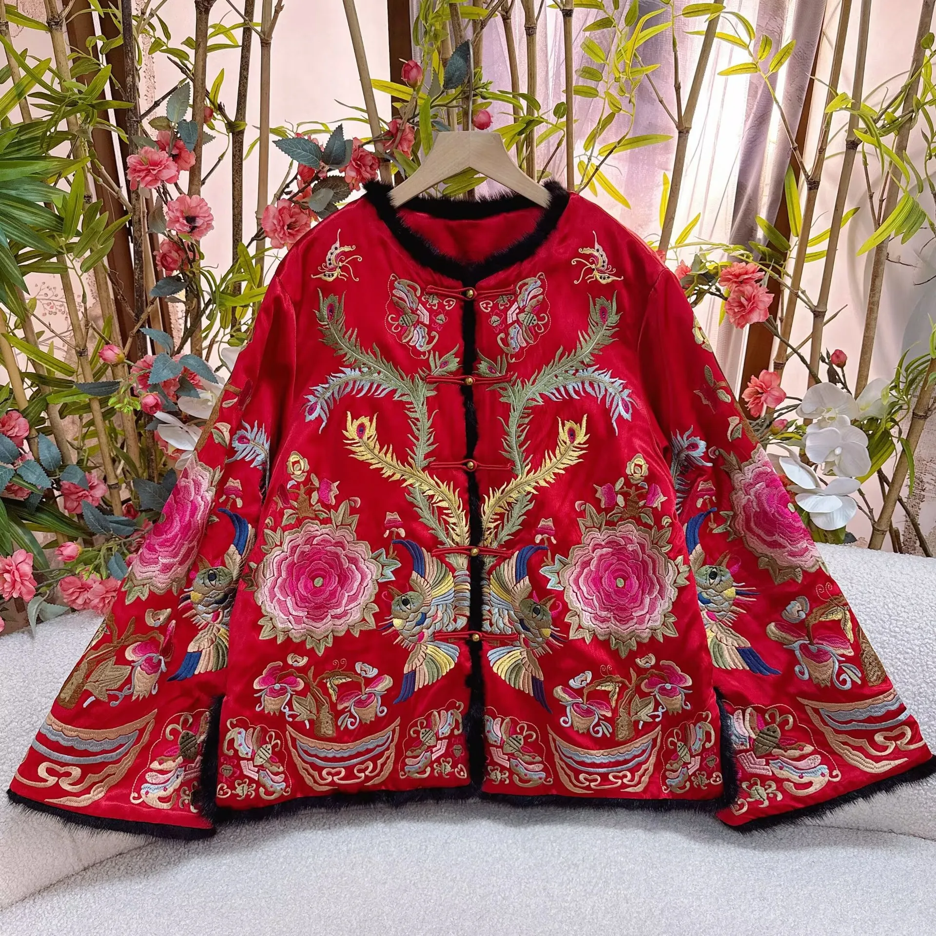 Chinese Vintage Coat Retro Improve Hanfu Top National Flower Embroider Jacquard Tang Suit jacket Traditional Chinese Ethnic Coat