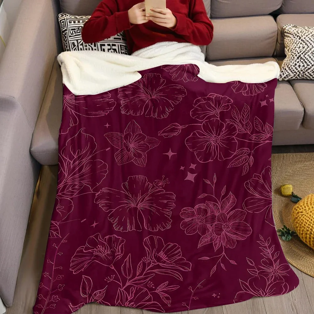 Burgundy Blooms Flannel Blanket Warm Soft Halloween Christmas Couch Warm Cozy Decorative Decor Gift for All Season