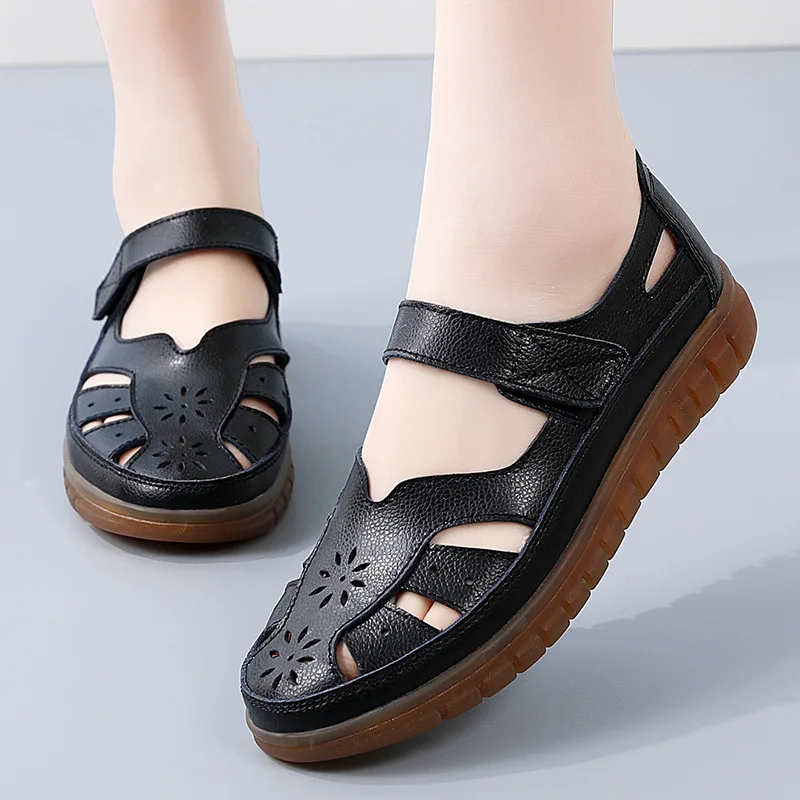 Summer Women Leather Sandals Sewing Hollow Out Fashion Flat Shoes Woman Casual Mother Shoes Beach Sandalias Mujer WSH4273