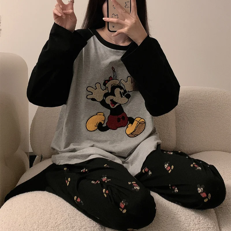 Cartoon Disney pajamas autumn pure cotton long-sleeved new casual two-piece set women\'s pajamas loose Mickey Mouse loungewear