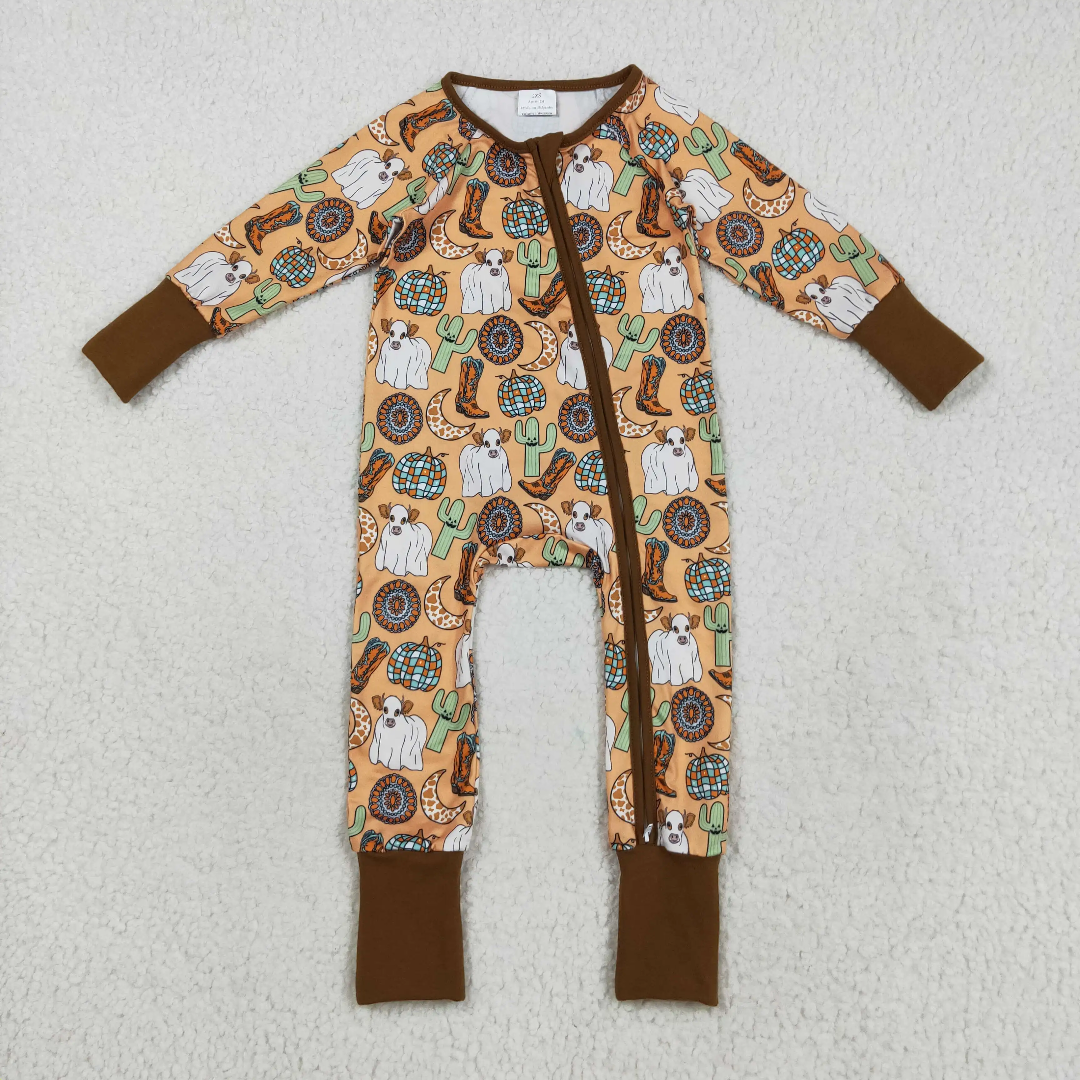 

8.21y Wholesale baby boy romper Halloween cactus boots moon pumpkin brown zipper long sleeve onesie