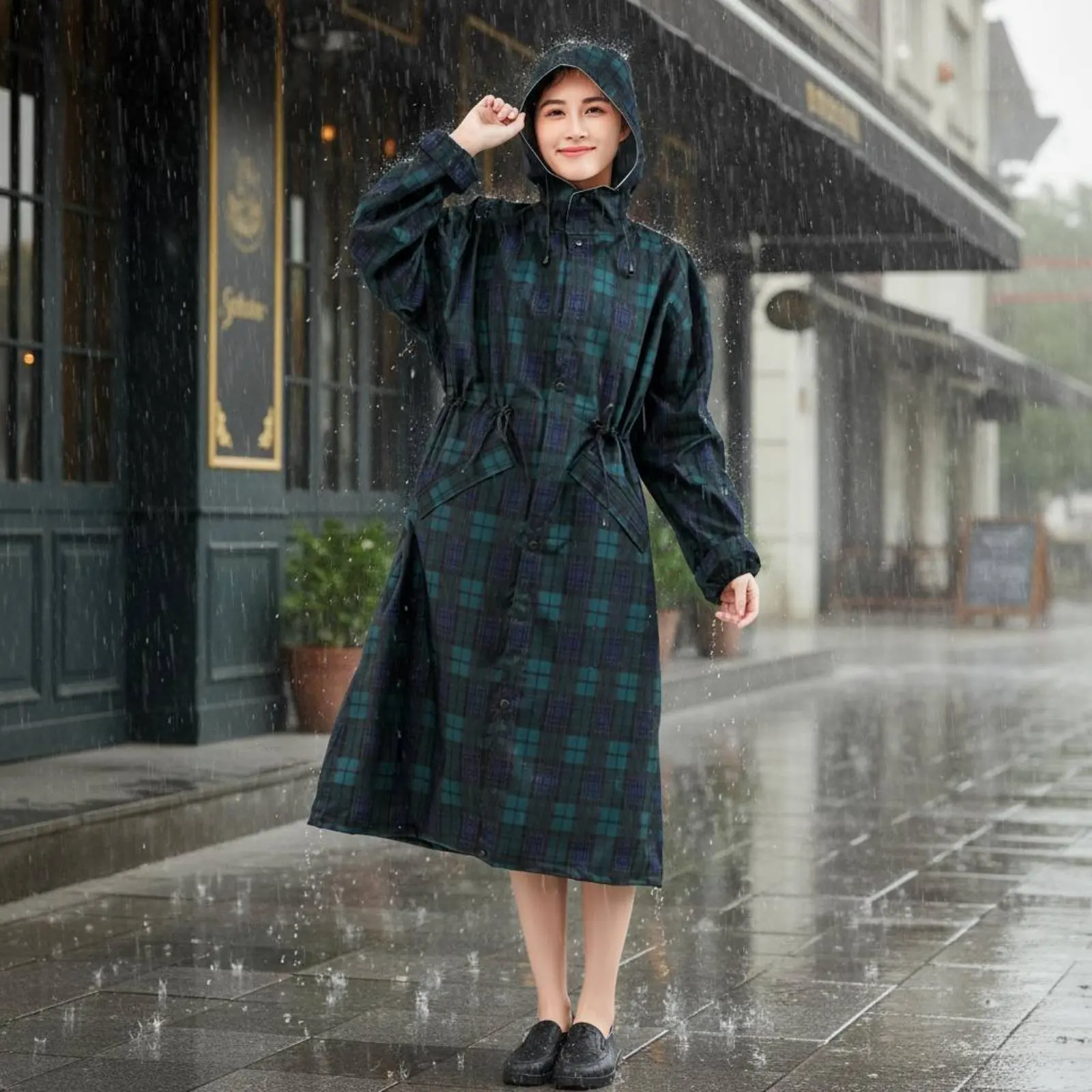 

Waist Drawstring Raincoat Cute Design Long Hooded Raincoat Outerwear Lightweight Outdoor Clothing Windproof for Commuting