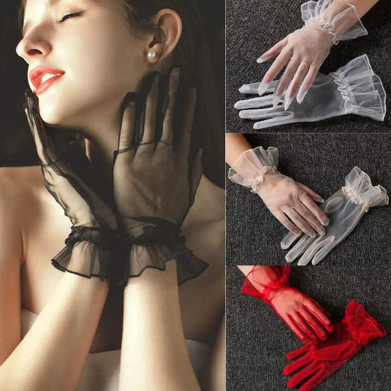 

Transparent Sunscreen Glove Women Ultra Tulle Short Gloves Solid Color Flounce Gloves Elegant Wedding Bride Dress Mitten