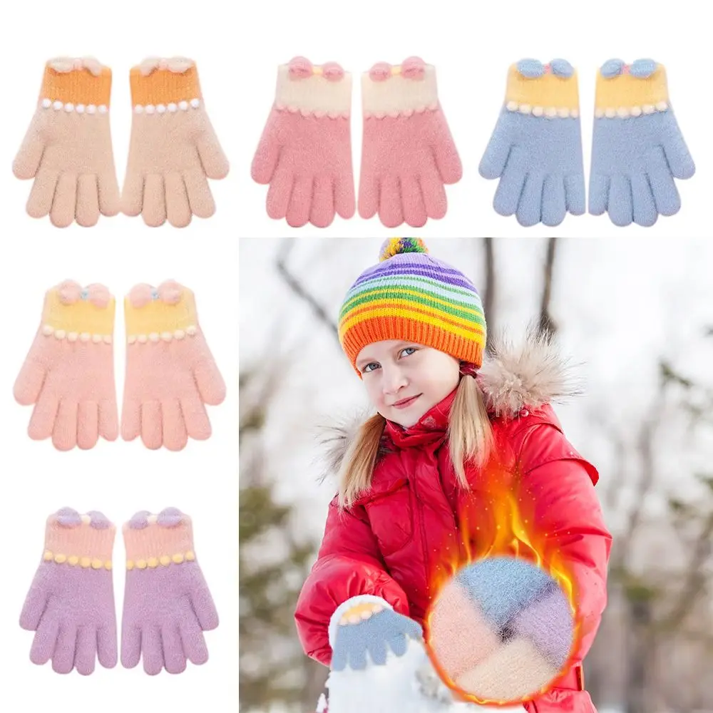 Cold Proof Autumn Winter Gloves Thickened Bow Full Finger Gloves Knitted Gloves Thermal Thick Snow Gloves Windproof