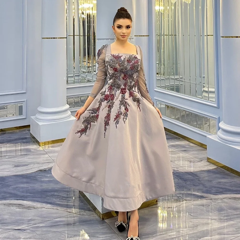 

Jersey Sequined Flower Beading Ruched Quinceanera A-line Square Neck Bespoke Occasion Gown Midi Dresses