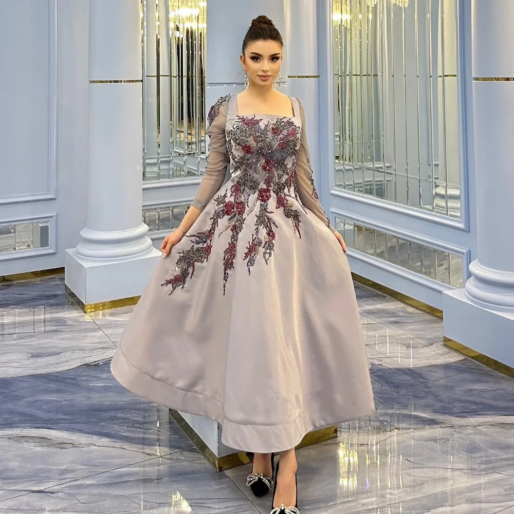 Jersey Sequined Flower Beading Ruched Quinceanera A-line Square Neck Bespoke Occasion Gown Midi Dresses