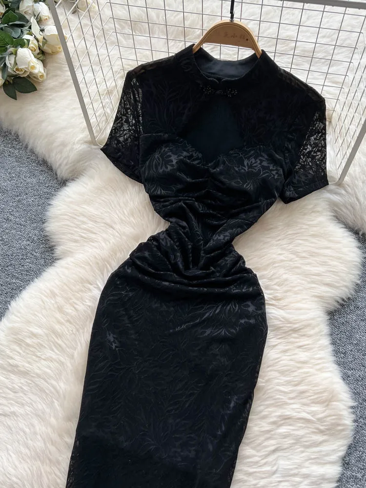 Nuovo cinese Sle Qipao Dr Donna Estate Colletto alla coreana Ricamato Asimmetrico Net Svel Lungo Dimagrante Sexy Dr