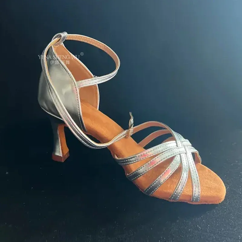 Silver Latin Dance Shoes for Adult Women Professional Latin Dance High Heels 7.5cm Suede Sole Ballroom Tango Dance Practice Shoe