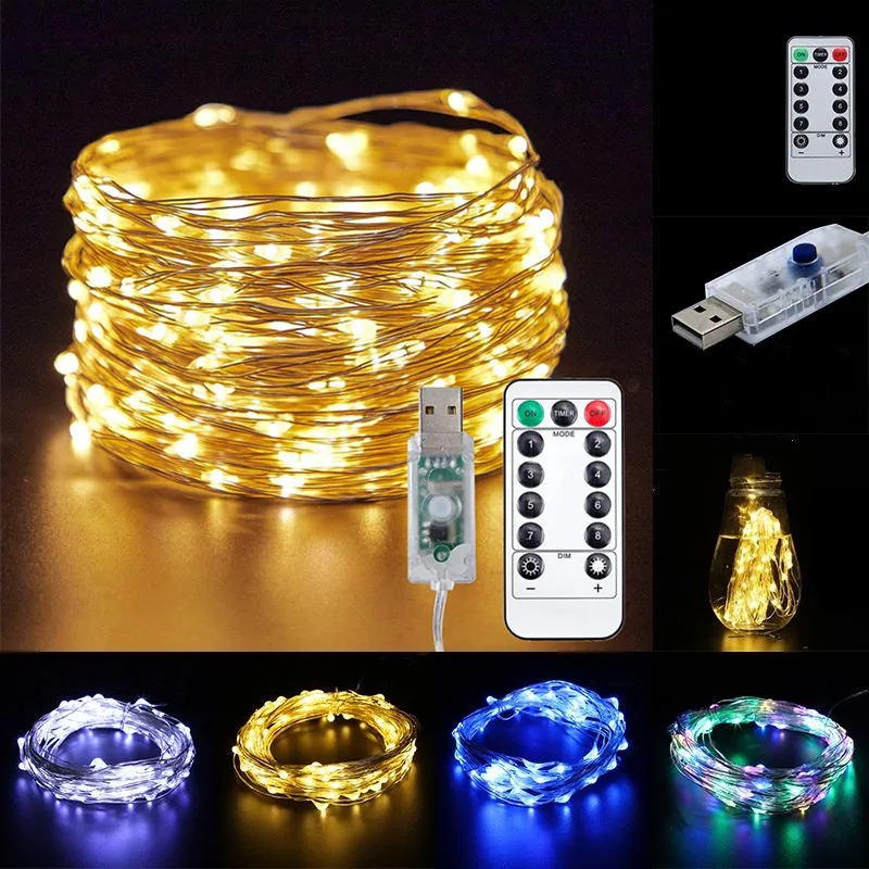 1m-30M USB Remote LED Lights String Copper Wire Garland Fairy Lights for Christmas Halloween Wedding Party Decoration Wreath