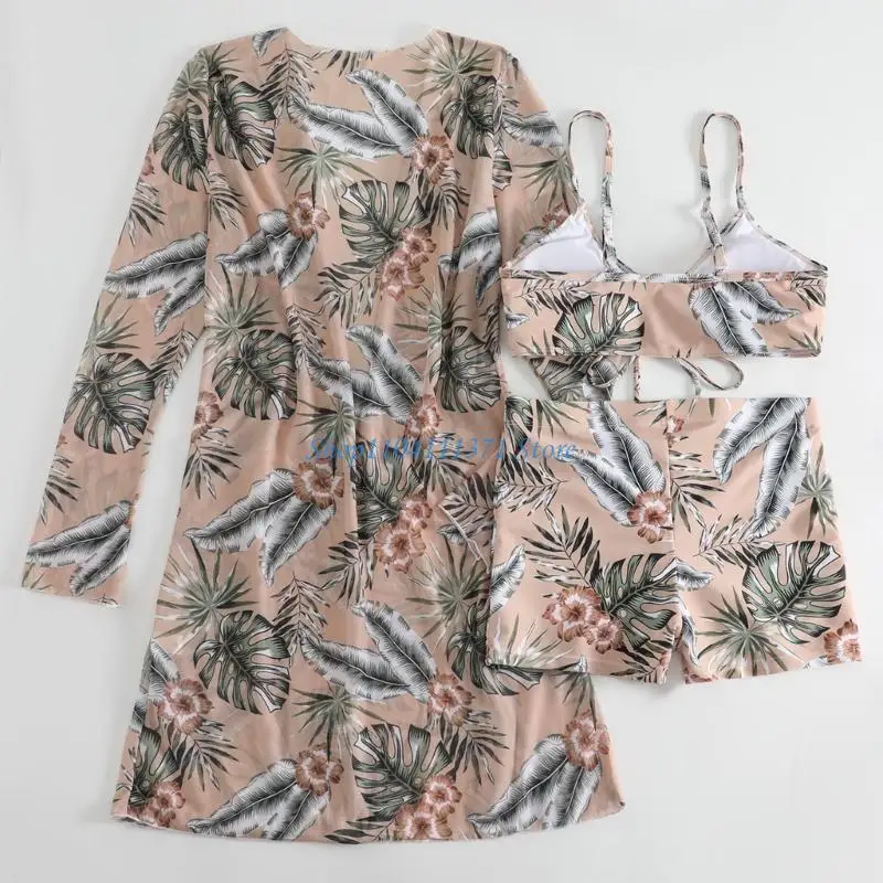 بدلة طباعة أزياء P9FC مجموعة للنساء ملابس السباحة مع التستر على الشاطئ Kimono High Weist Boyshorts زي السباحة المبطنة