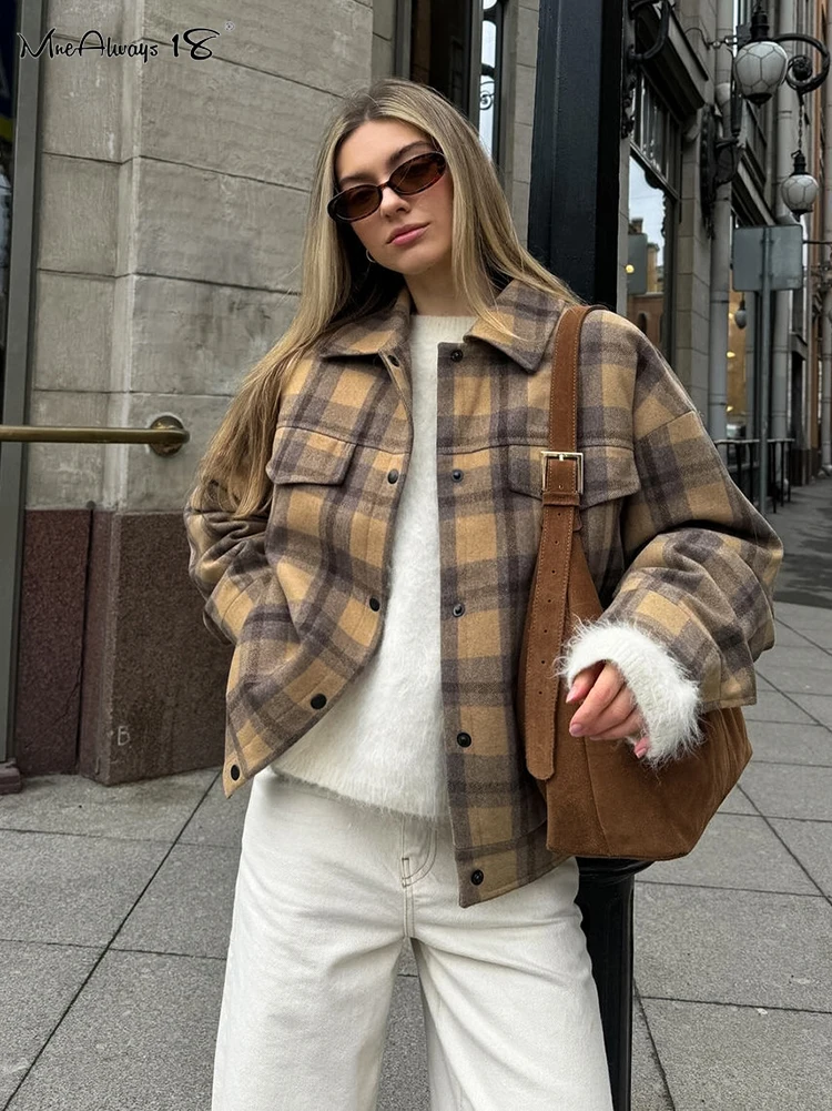 Mnealways18 Wool Warm Women Gingham Oversize Coats Street Style Lapel Pockets Long Sleeves Outwear Top Autumn Winter 2024 Office