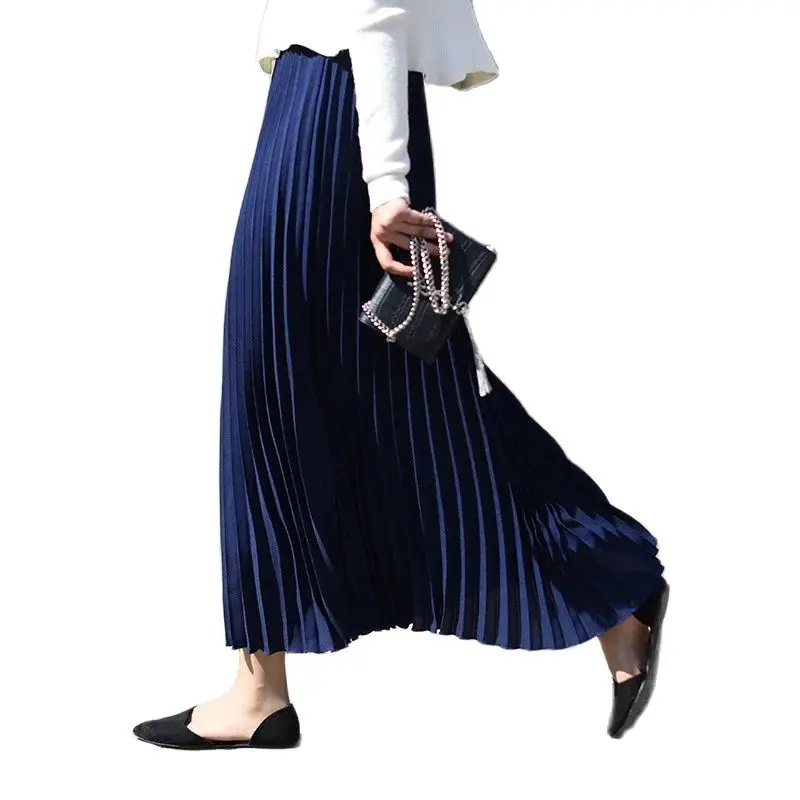 90cm Women Maxi Pleated Skirt A Line Midi Skirts High Waist Spring 2020 Femme Casual Party Long Skirt Vintage korean Skirt