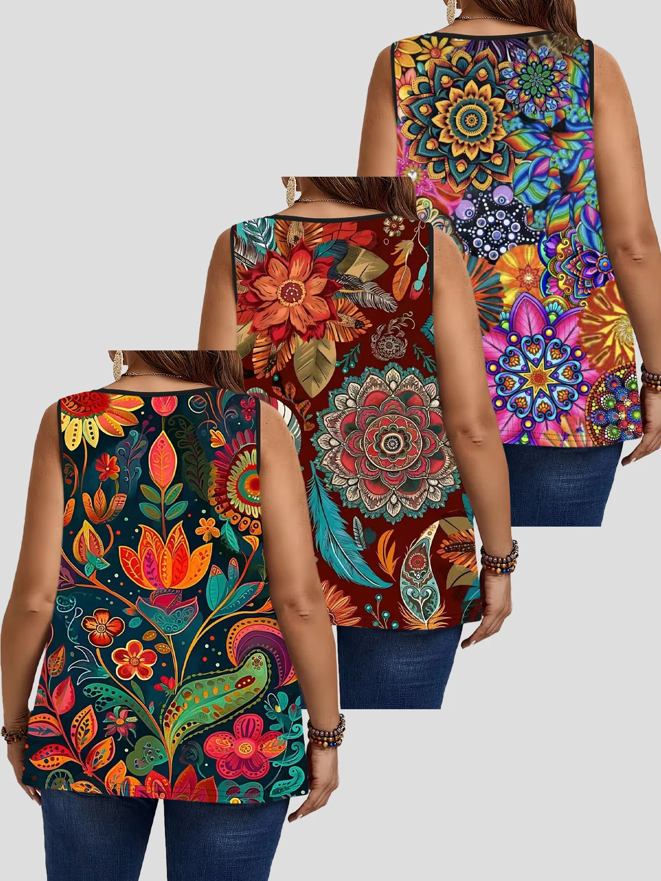 3-Piece Set of Plus-Size Bohemian Mandala Floral Print Sleeveless Vests for Women, Ethnic Style Colorful Plant Print Loose Round-Neck Tops That Cover the Body and Can Be Worn Outside