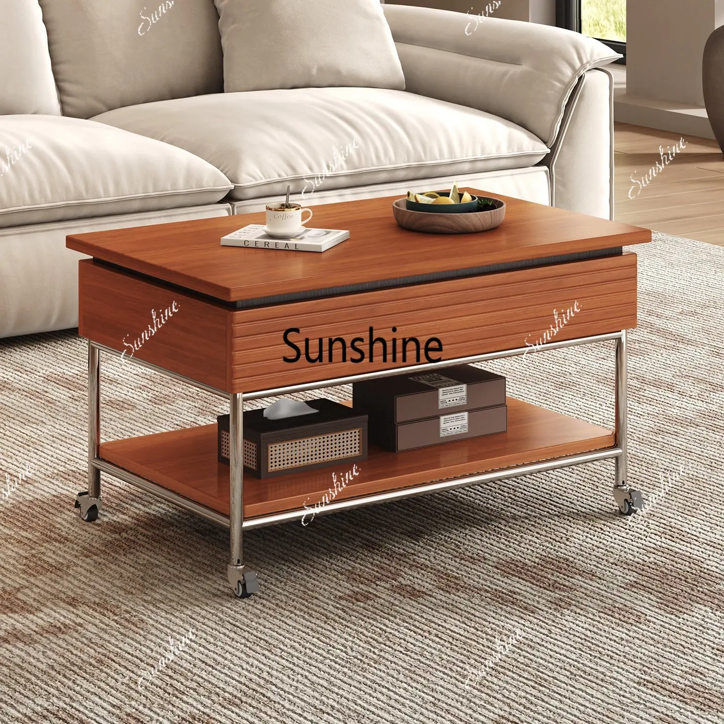 

Medieval solid wood liftable mobile coffee table living room tea table