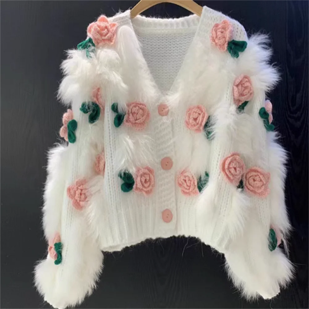 

Autumn 2023 New Sweet Rose Flower three-dimensional Hook Rose sweater spliced hair Rose loose knit coat women