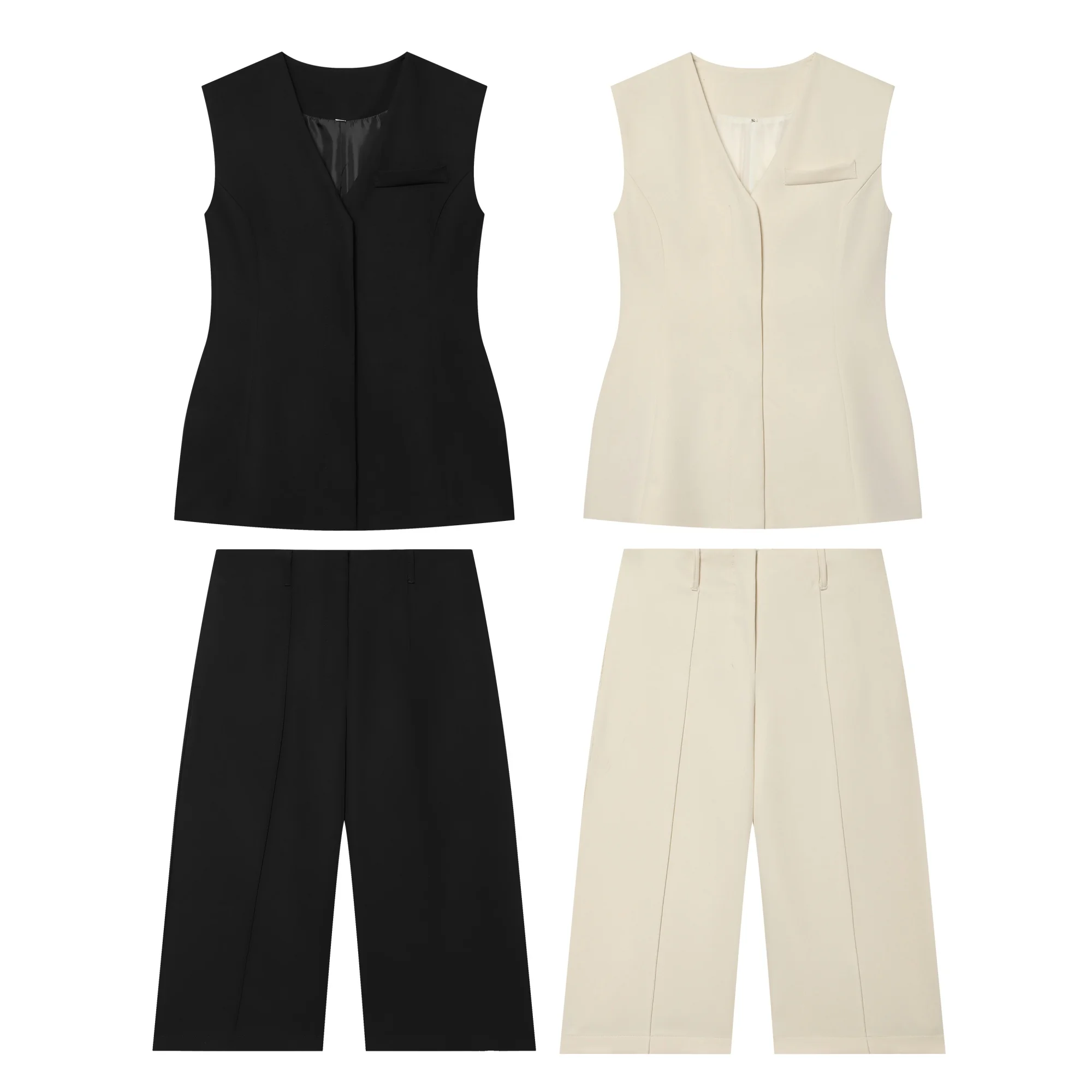Women's High Waisted Casual Shorts Suit Set Female Chic Hidden Button Closure Vest Or Lady Elegant Wide Leg Half Pants